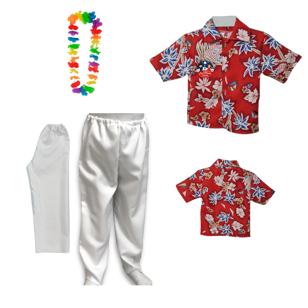 Conjunto Camisa Guayabera+ Pantalón Blanco + collar de flores Traje Tipico Rapa Nui