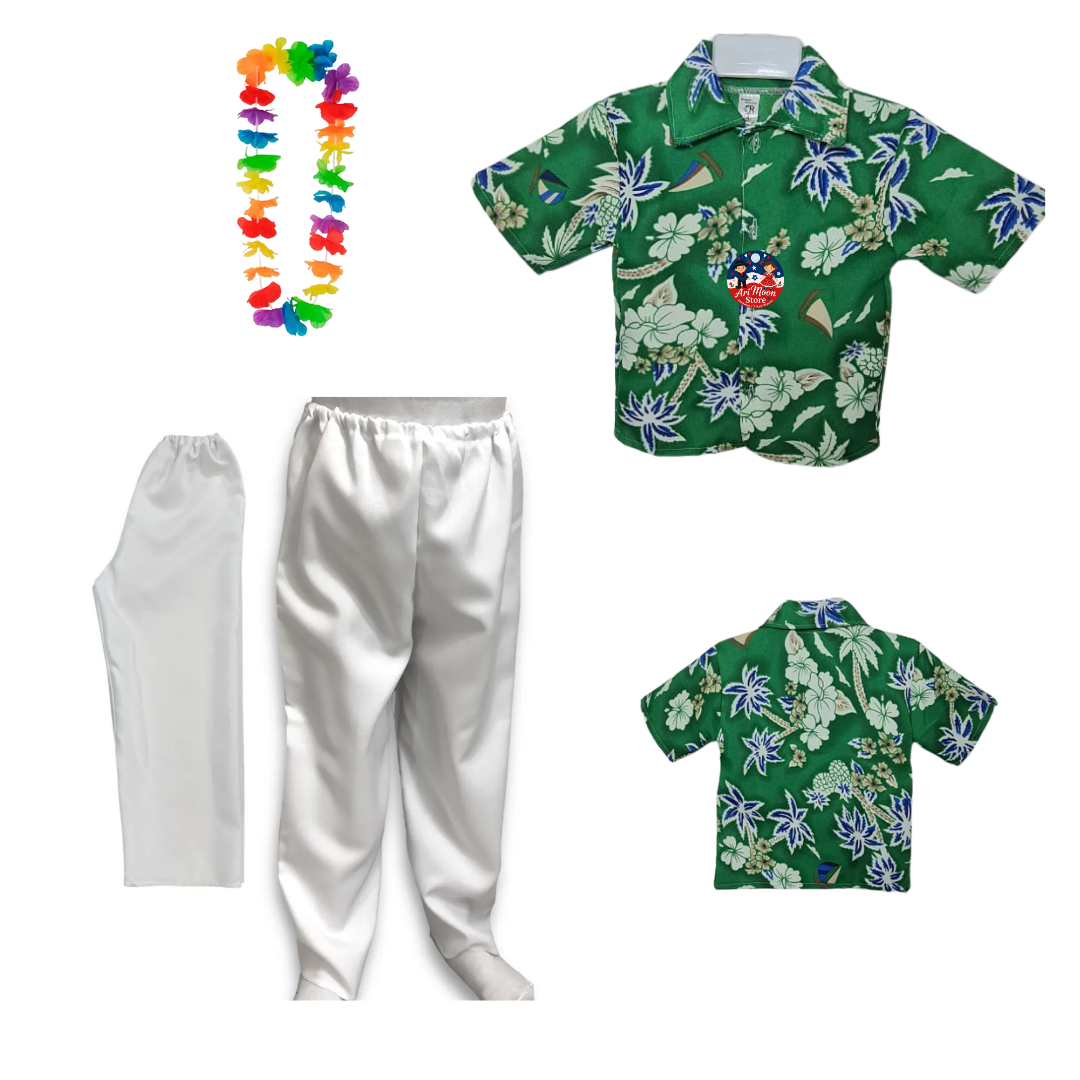 Conjunto Camisa Guayabera+ Pantalón Blanco + collar de flores Traje Tipico Rapa Nui