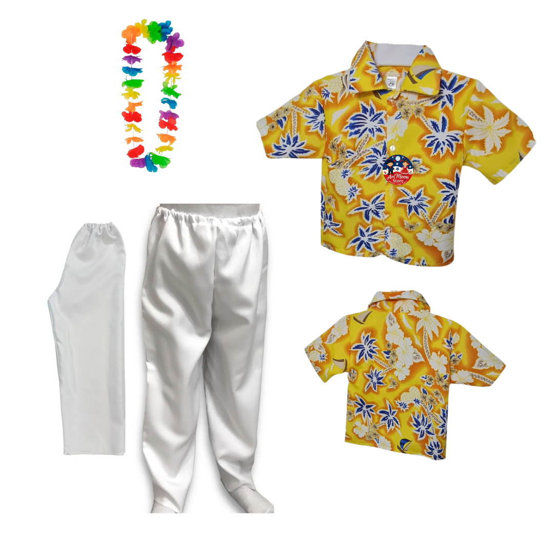 Conjunto Camisa Guayabera+ Pantalón Blanco + collar de flores Traje Tipico Rapa Nui