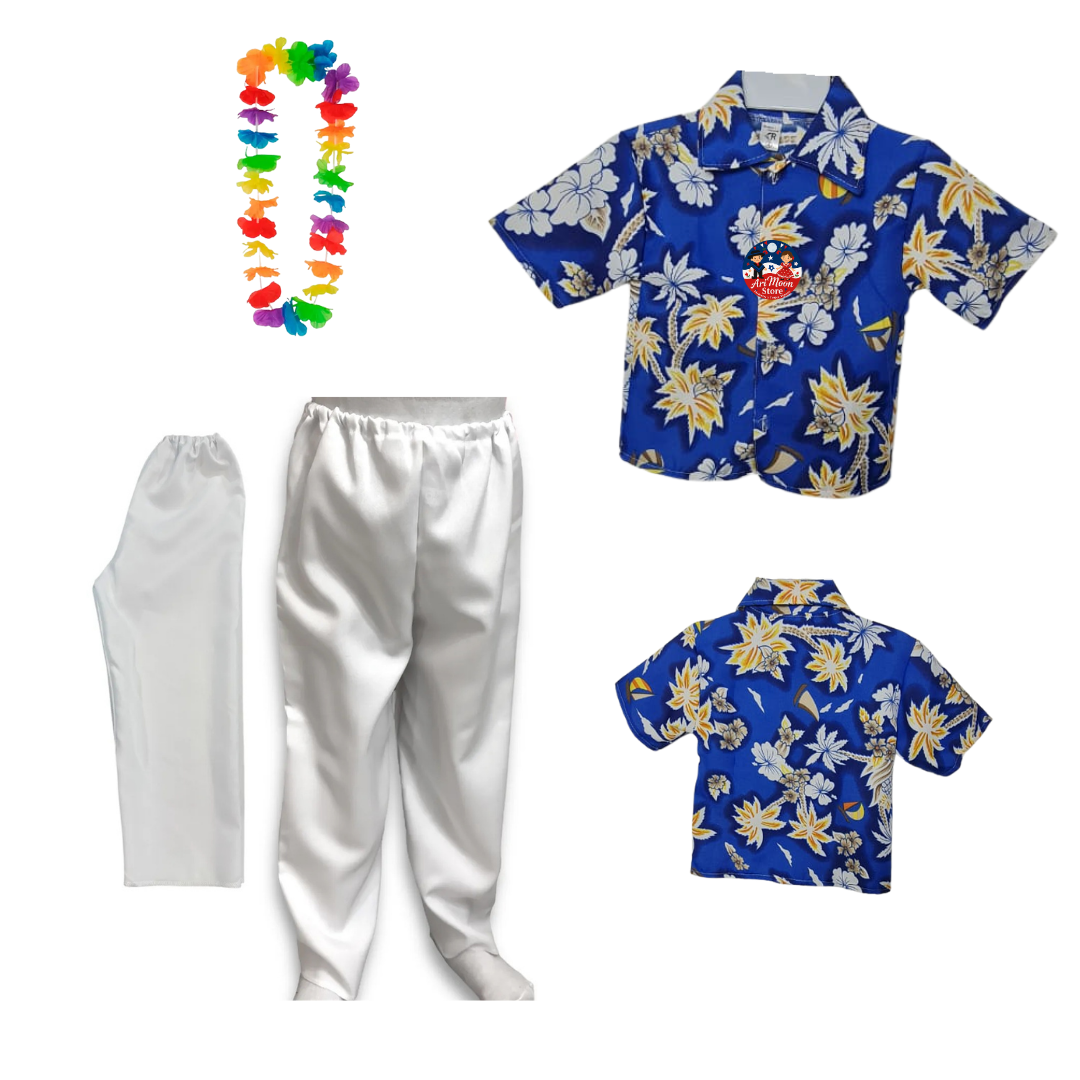 Conjunto Camisa Guayabera+ Pantalón Blanco + collar de flores Traje Tipico Rapa Nui