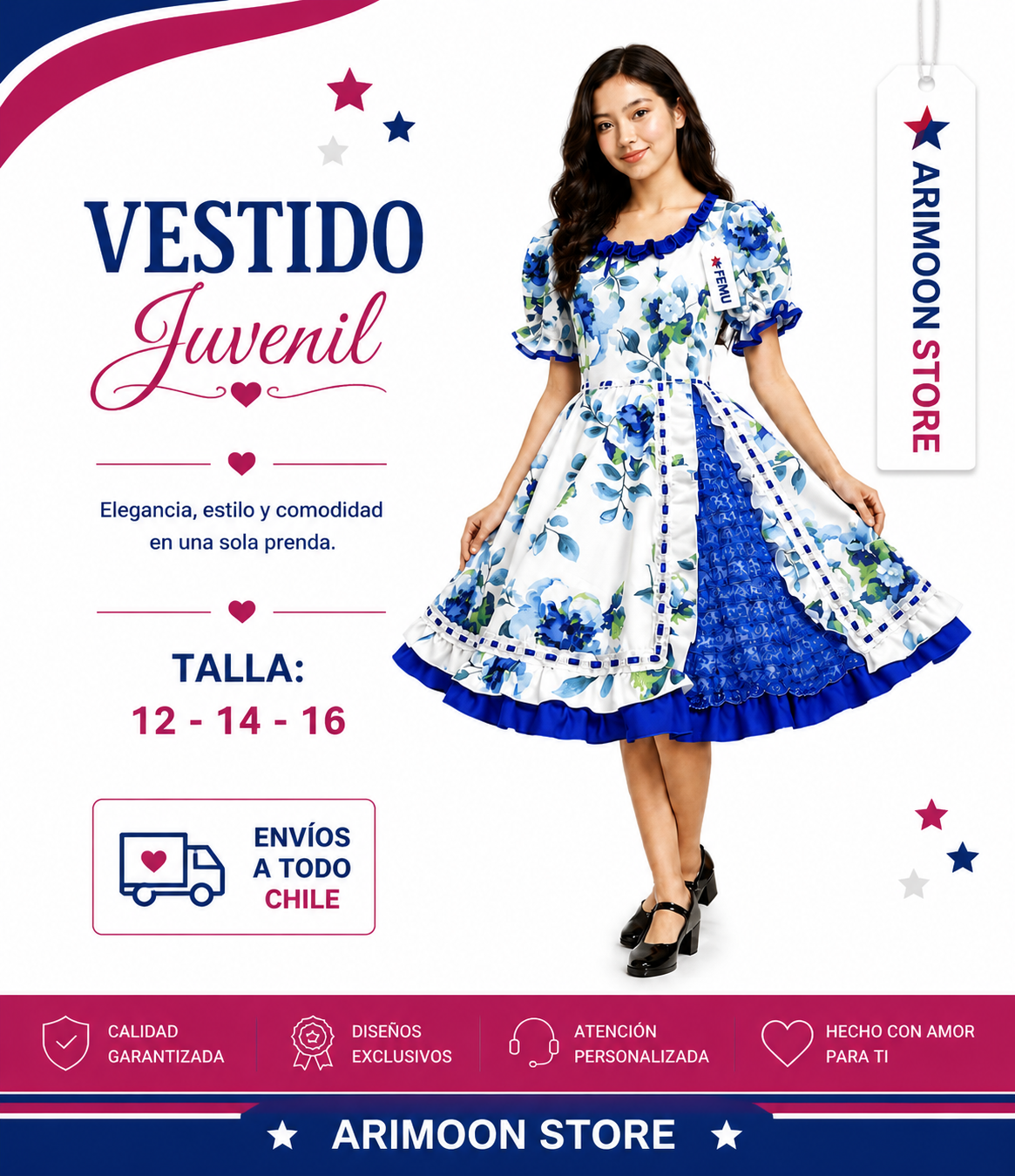 Vestido de Huasa Juvenil- Vestido de Cueca Juvenil- Fiestas Patrias 2026