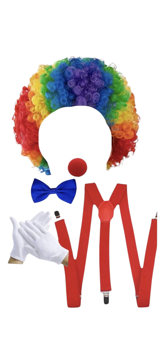 Disfraz de Payaso con peluca , nariz, corbatin , suspensores y guantes
