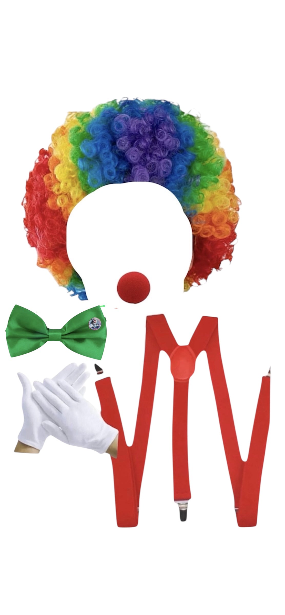 Disfraz de Payaso con peluca , nariz, corbatin , suspensores y guantes