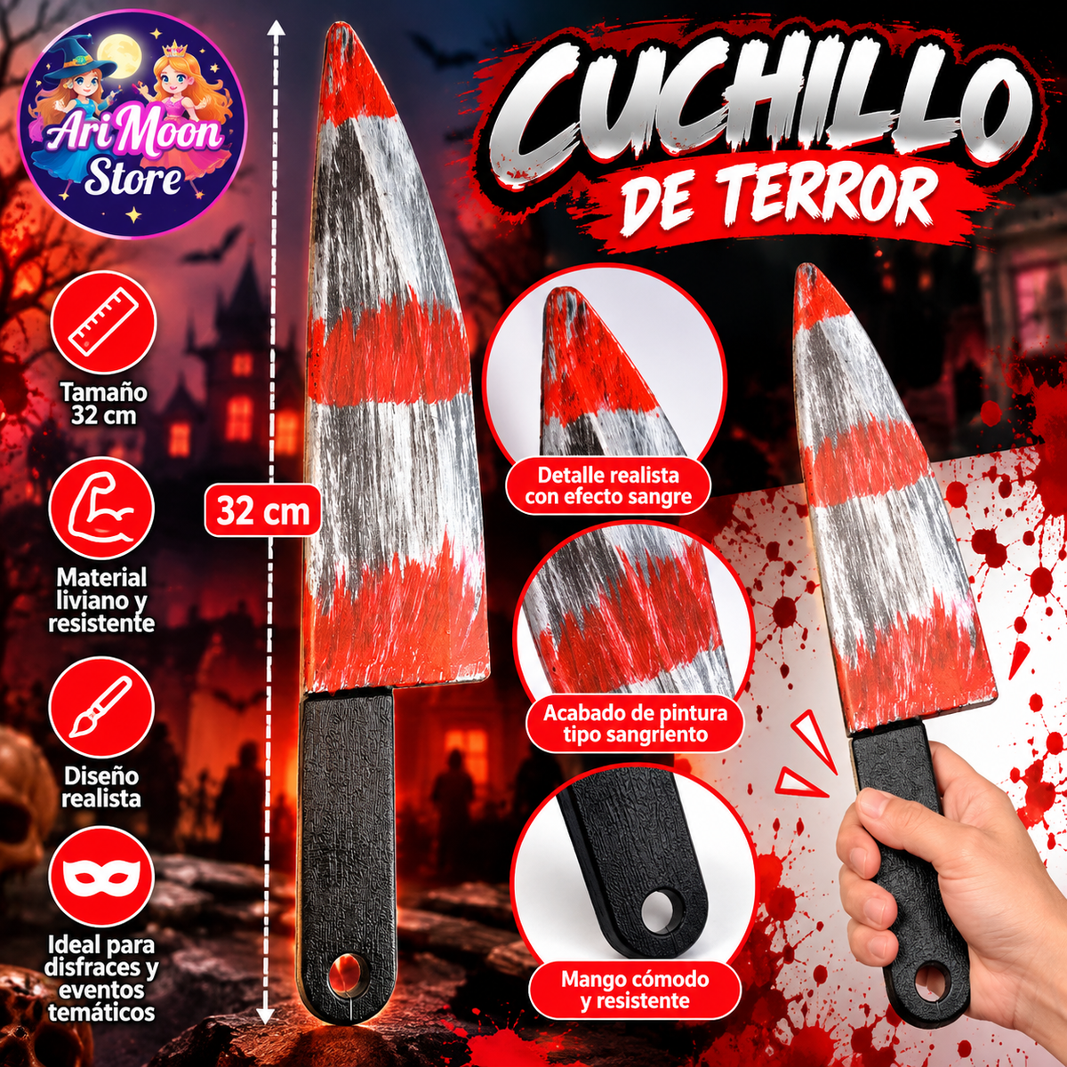 Cuchillo de terror 32 cm pintado rojo