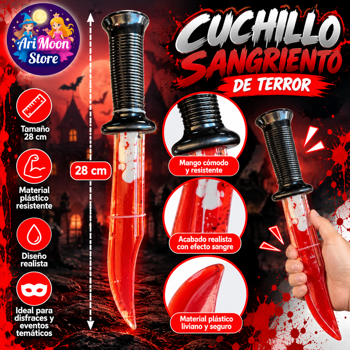 Cuchillo sangriento de terror 28 cm