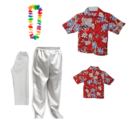 Conjunto Camisa Guayabera+ Pantalón Blanco + collar de flores Traje Tipico  Rapa Nui