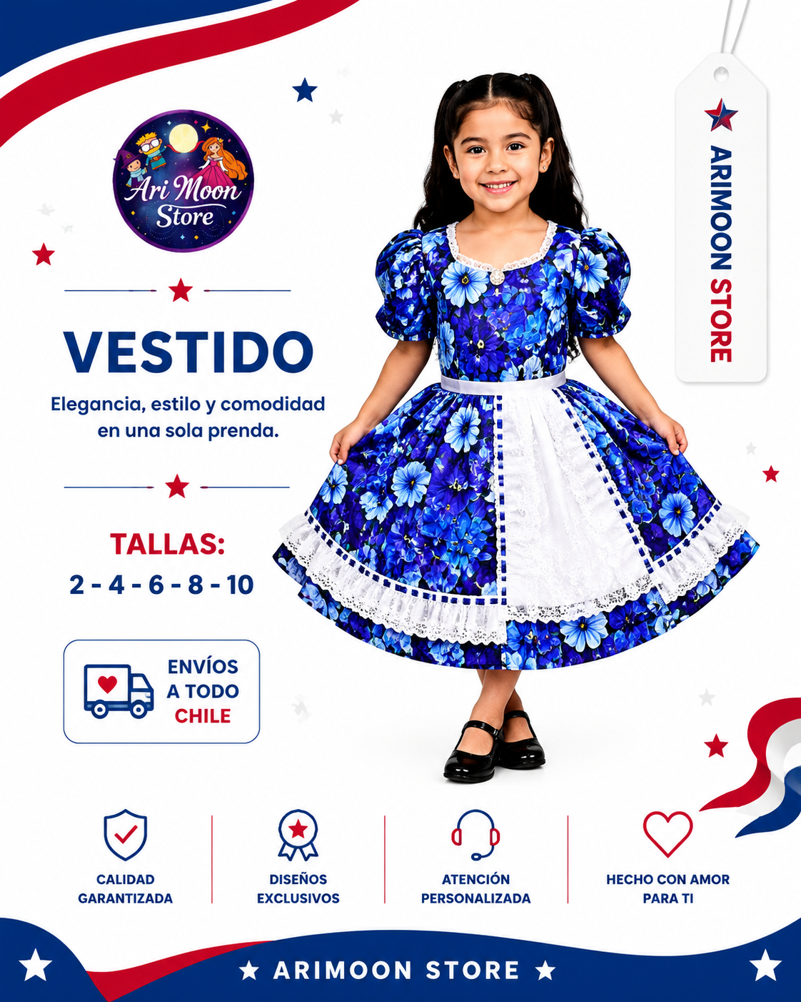 Vestido de Huasa Niña - Vestido de Cueca Niña- Fiestas Patrias 2026