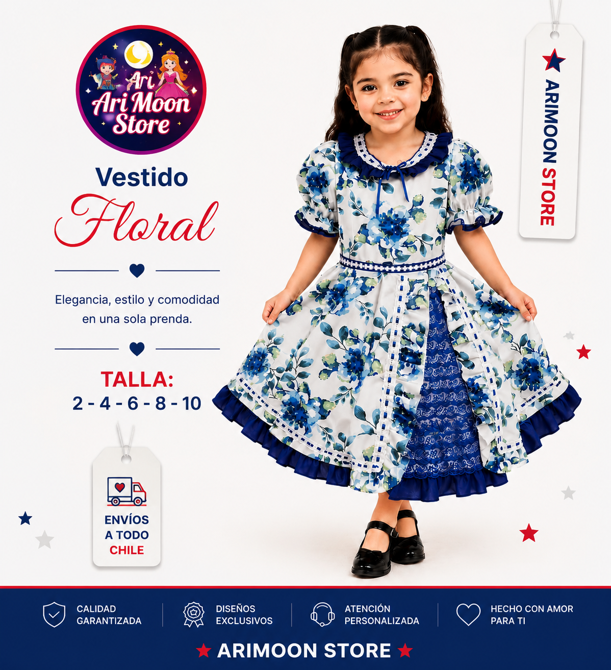 Vestido de Huasa Niña - Vestido de Cueca Niña- Fiestas Patrias 2026