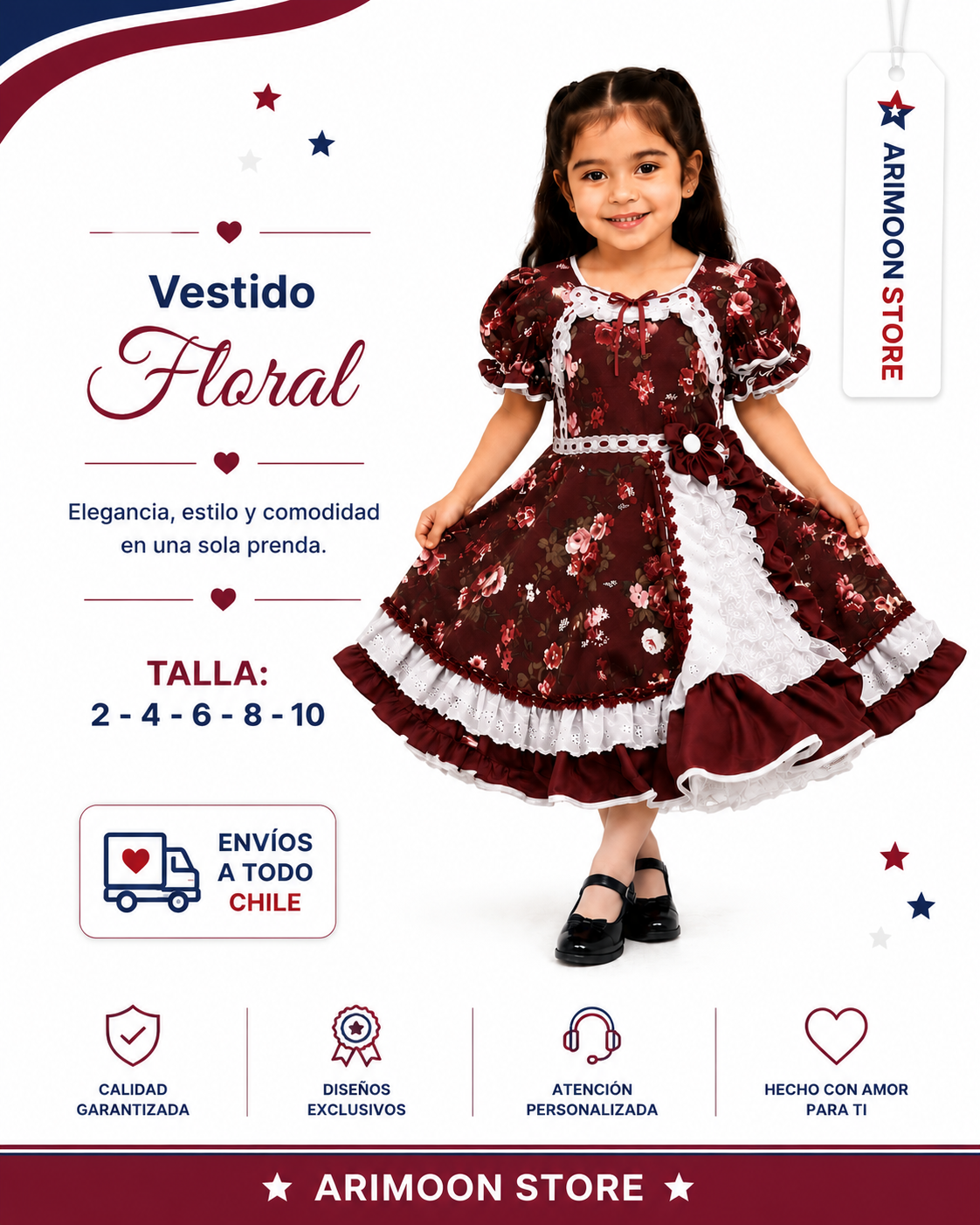 Vestido de Huasa Niña - Vestido de Cueca Niña- Fiestas Patrias 2026