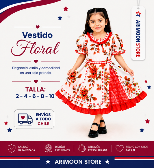 Vestido de Huasa Niña - Vestido de Cueca Niña- Fiestas Patrias 2026