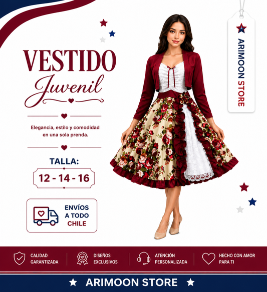 Vestido de Huasa Juvenil- Vestido de Cueca Juvenil- Fiestas Patrias 2026