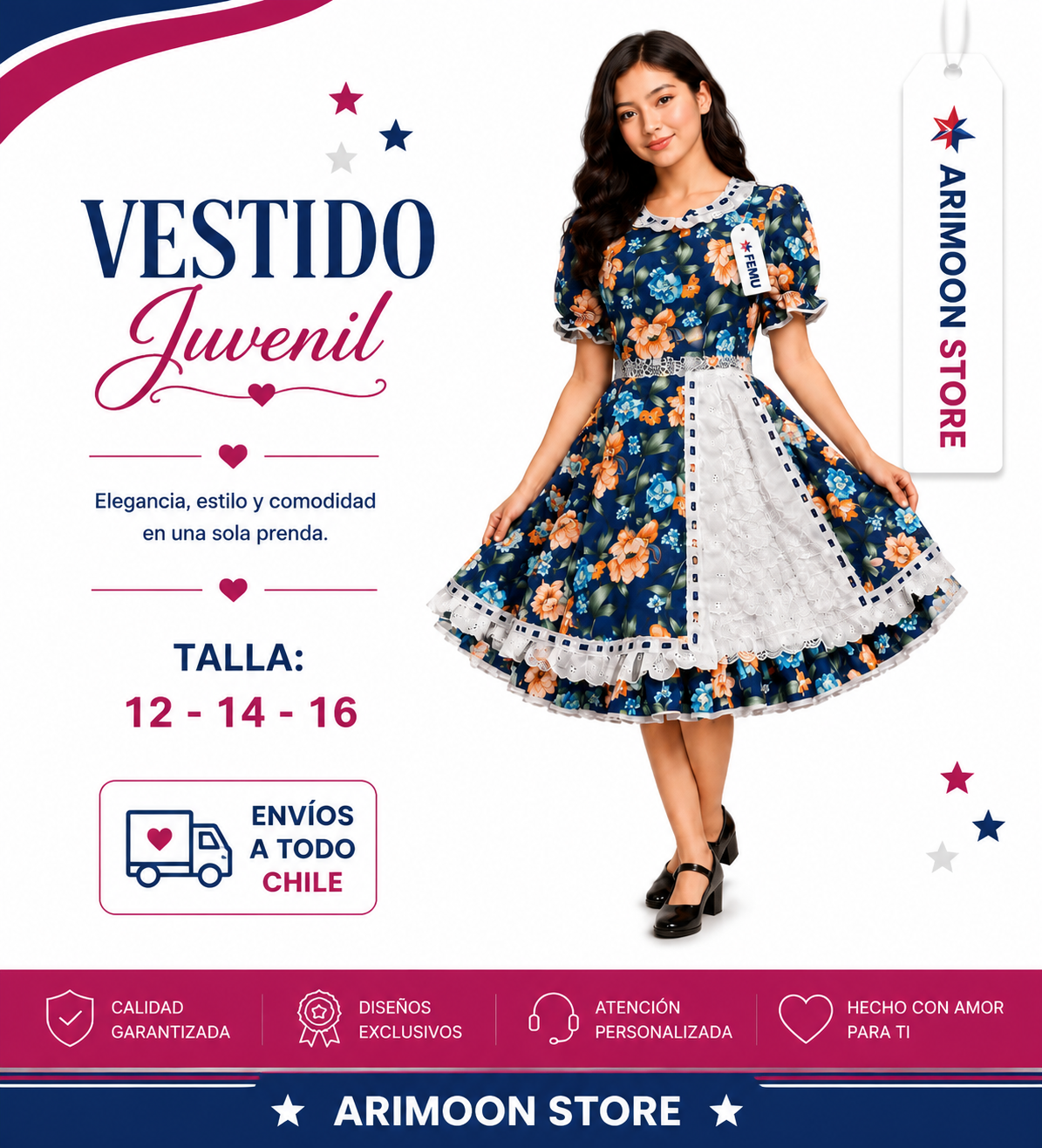 Vestido de Huasa Juvenil- Vestido de Cueca Juvenil- Fiestas Patrias 2026