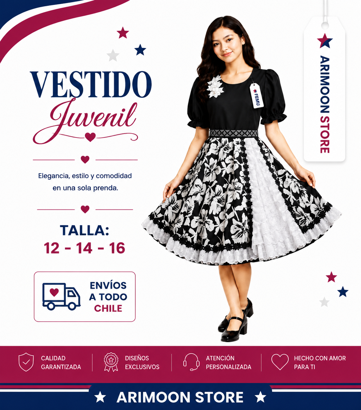 Vestido de Huasa Juvenil- Vestido de Cueca Juvenil- Fiestas Patrias 2026