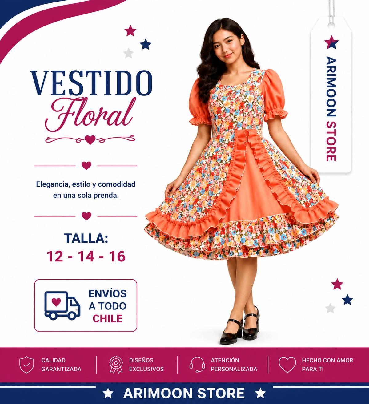Vestido de Huasa Juvenil- Vestido de Cueca Juvenil- Fiestas Patrias 2026