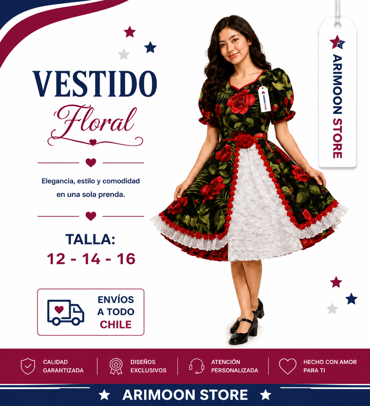 Vestido de Huasa Juvenil- Vestido de Cueca Juvenil- Fiestas Patrias 2026