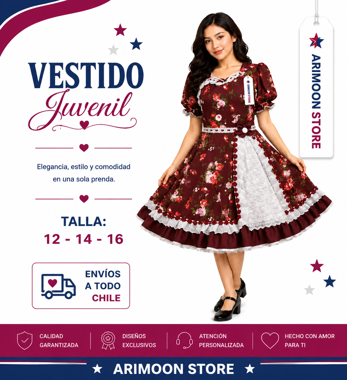 Vestido de Huasa Juvenil- Vestido de Cueca Juvenil- Fiestas Patrias 2026