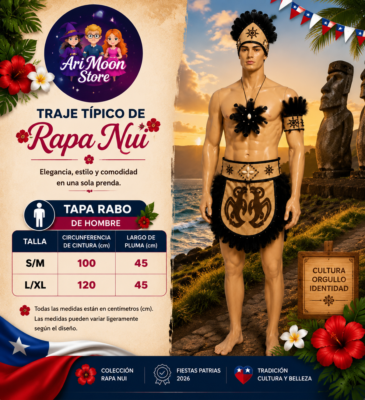 Traje Tipico Rapa Nui  Varon  - Traje Pascuense - Tapa Rabo Negro