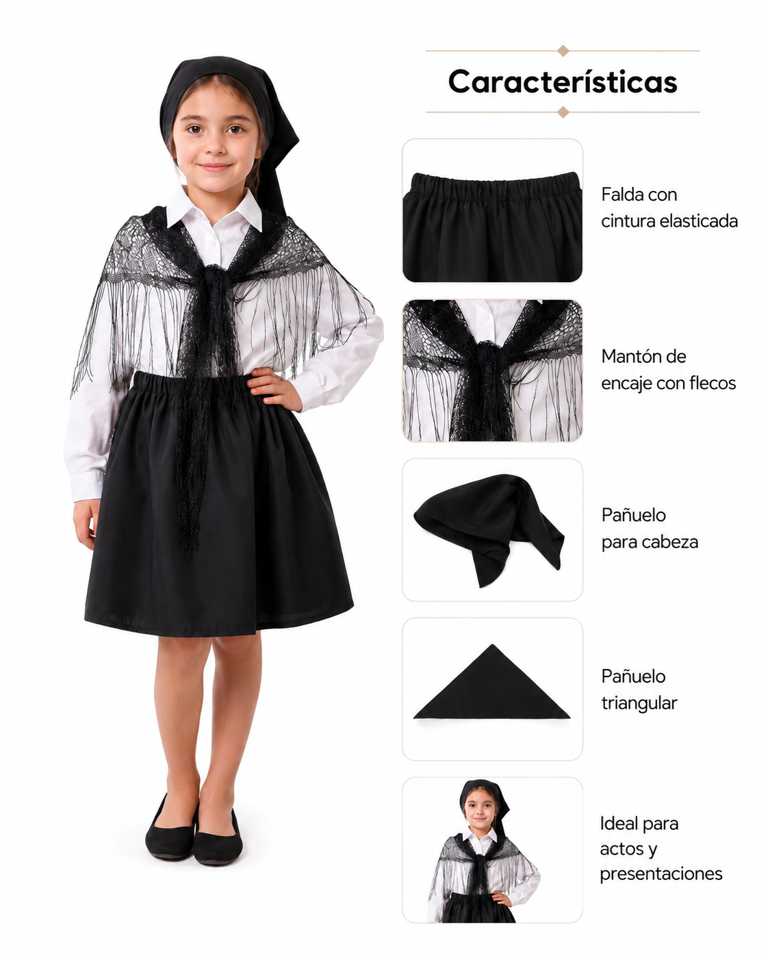 Traje Chilote Niña Fiestas Patrias – Falda + Punta Negra Cabeza + Puntilla Espalda