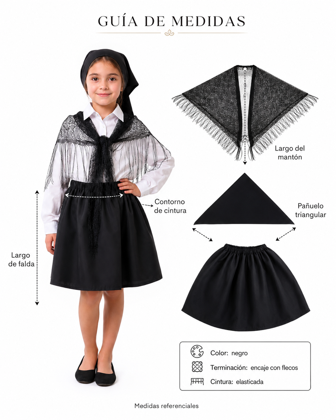Traje Chilote Niña Fiestas Patrias – Falda + Punta Negra Cabeza + Puntilla Espalda