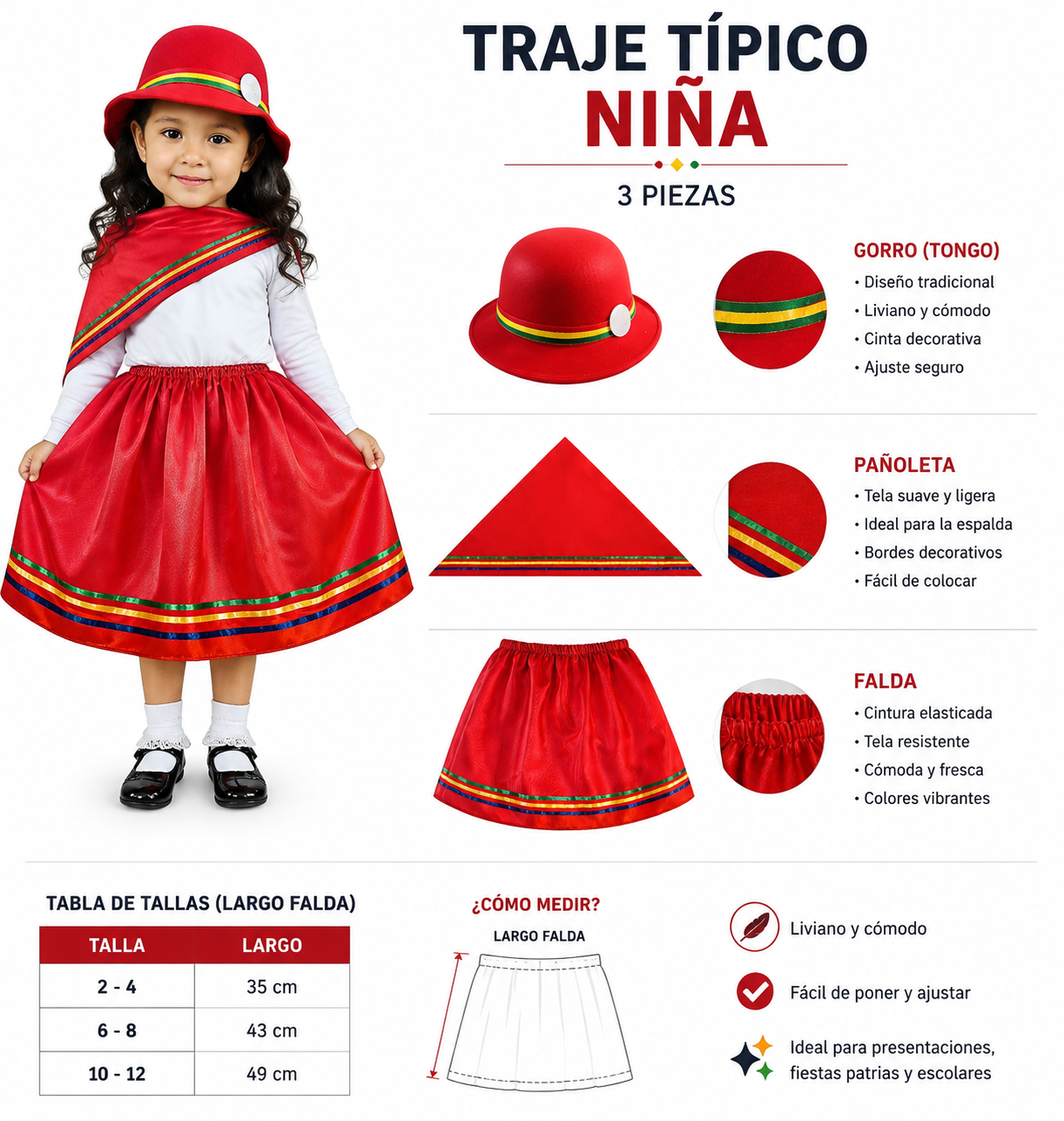 Vestimentas O Trajes Típicos Fiestas Patrias Chile Nortino, Zona Norte, Niña Tallas 2 A 12 Años