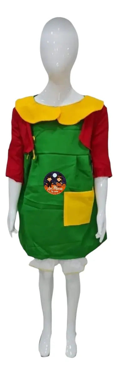 Disfraz Chilindrina niña - vestido verde, chaleco rojo y lentes