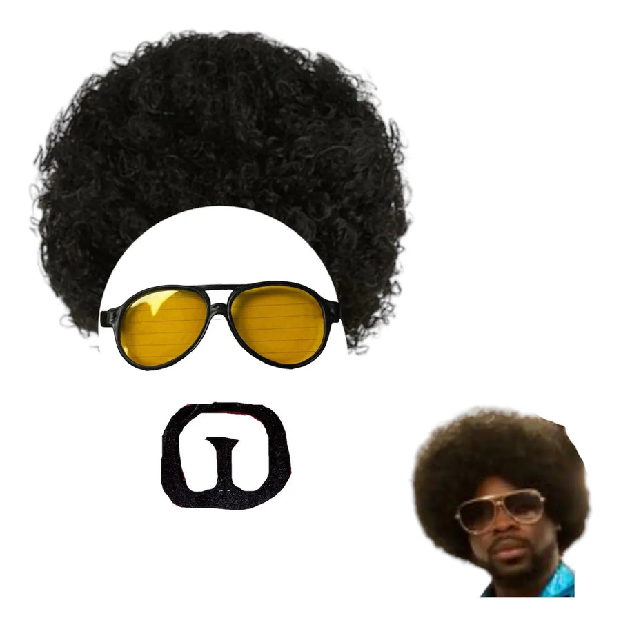 Disfraz Onda Disco Niño o Adulto con Peluca, Lentes Amarillos y Barba