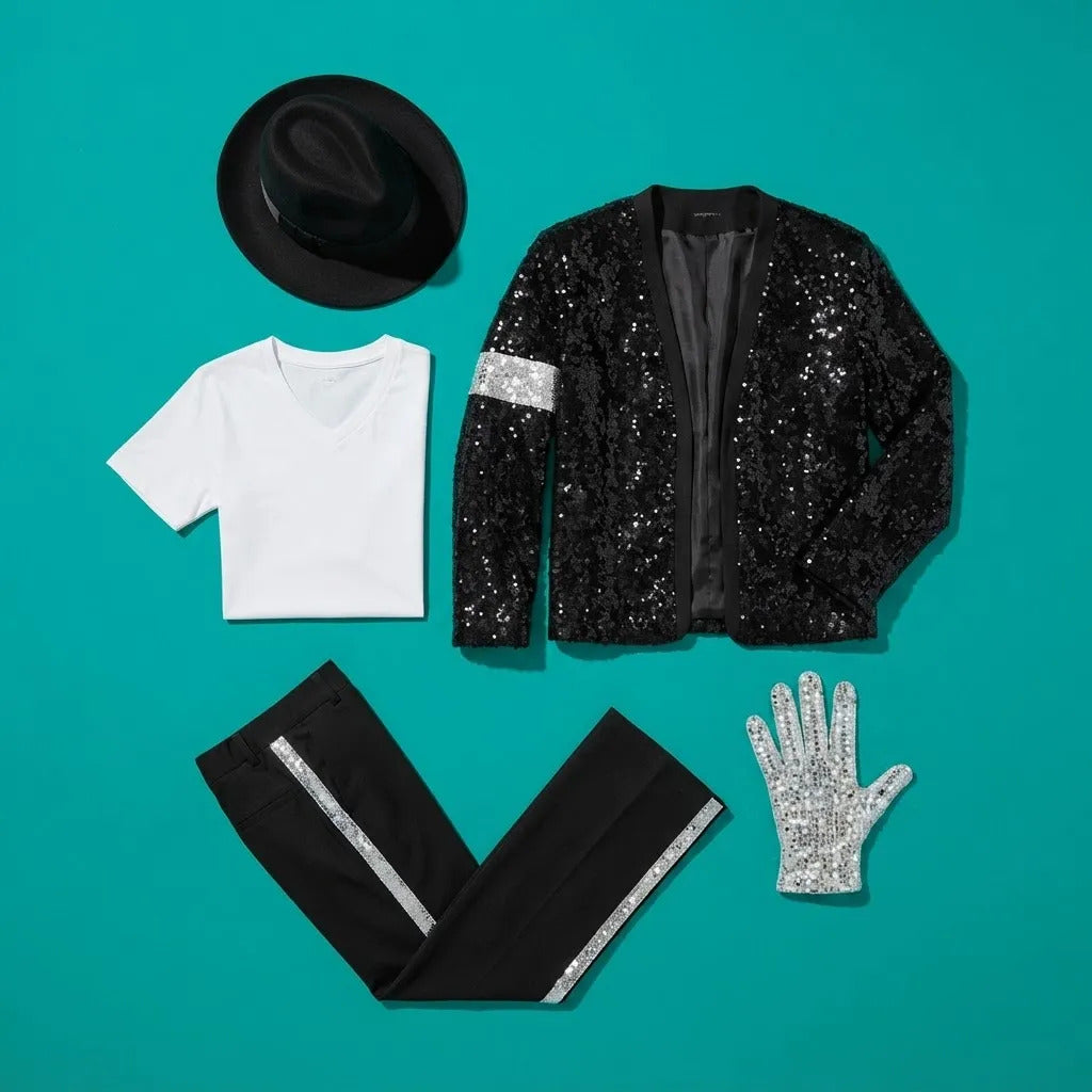 Piezas del disfraz Michael Jackson: sombrero, chaqueta, polera, pantalón y guante