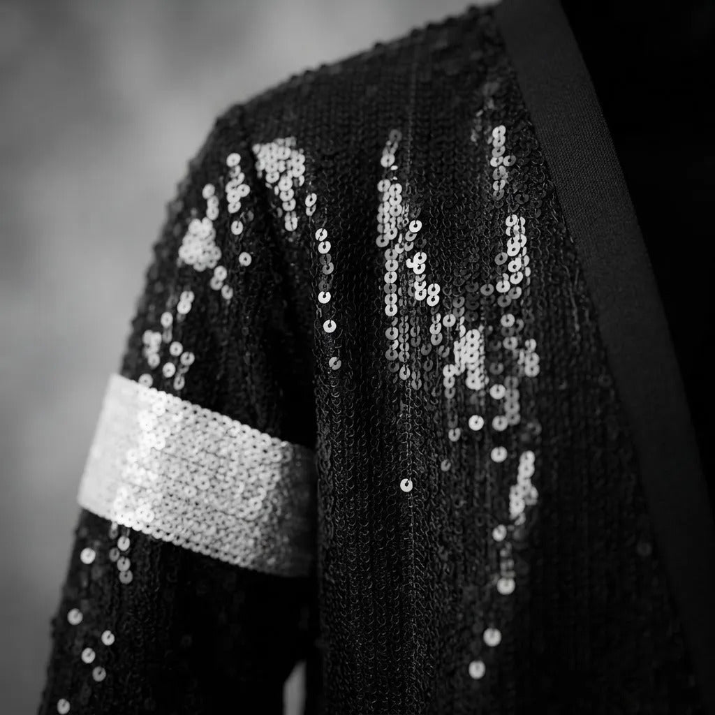 Detalle de la chaqueta de lentejuelas con franja plateada