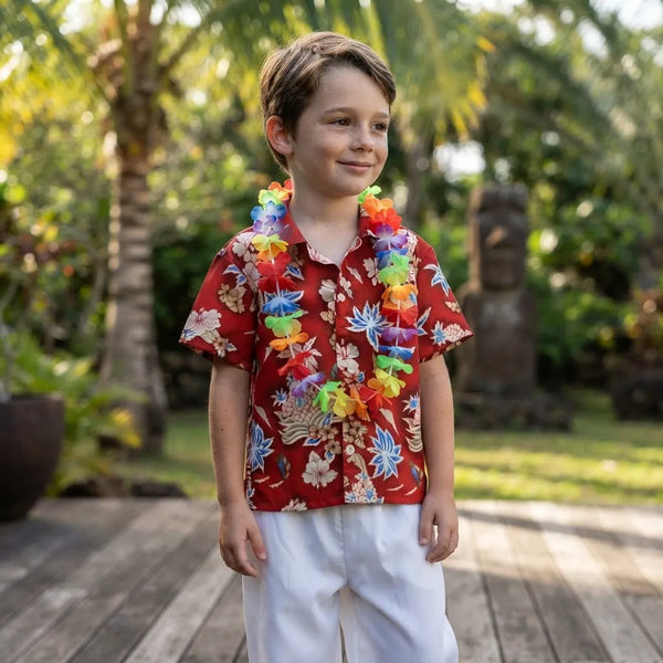 Conjunto Camisa Guayabera+ Pantalón Blanco + collar de flores Traje Tipico  Rapa Nui