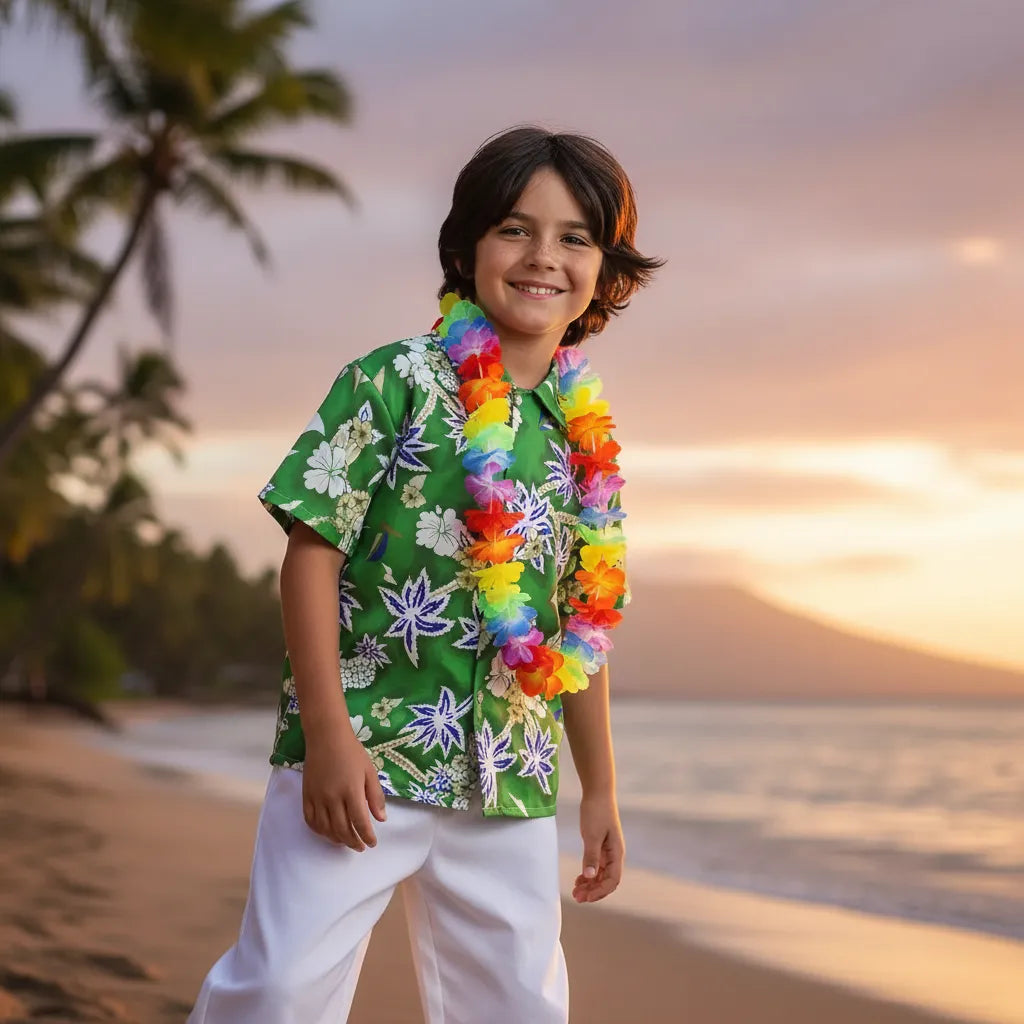 Conjunto Camisa Guayabera+ Pantalón Blanco + collar de flores Traje Tipico  Rapa Nui