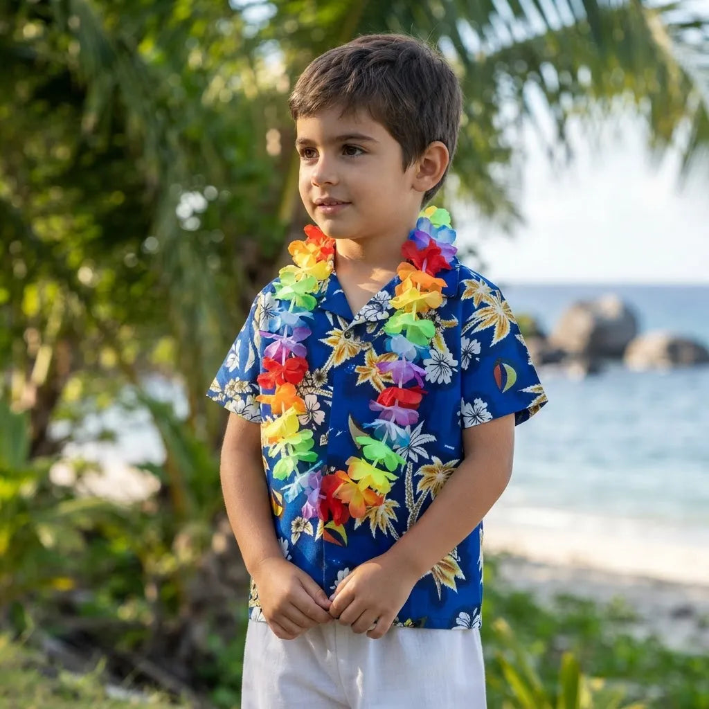 Conjunto Camisa Guayabera+ Pantalón Blanco + collar de flores Traje Tipico  Rapa Nui