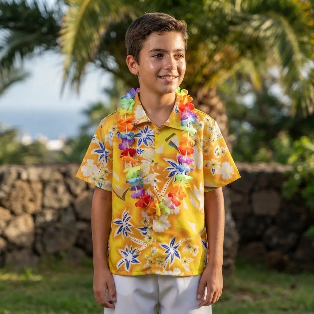 Conjunto Camisa Guayabera+ Pantalón Blanco + collar de flores Traje Tipico  Rapa Nui