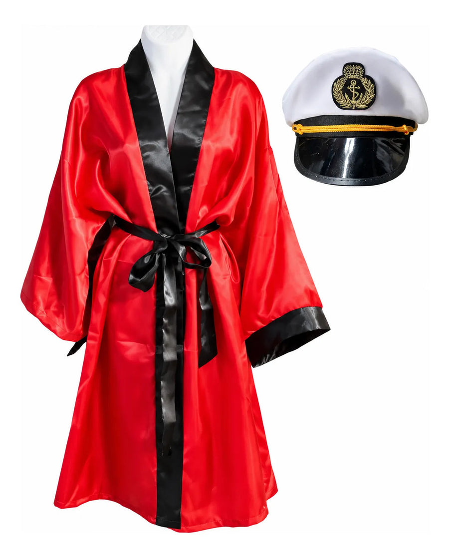 Disfraz de Hugh Hefner bata roja Playboy con gorra de capitán