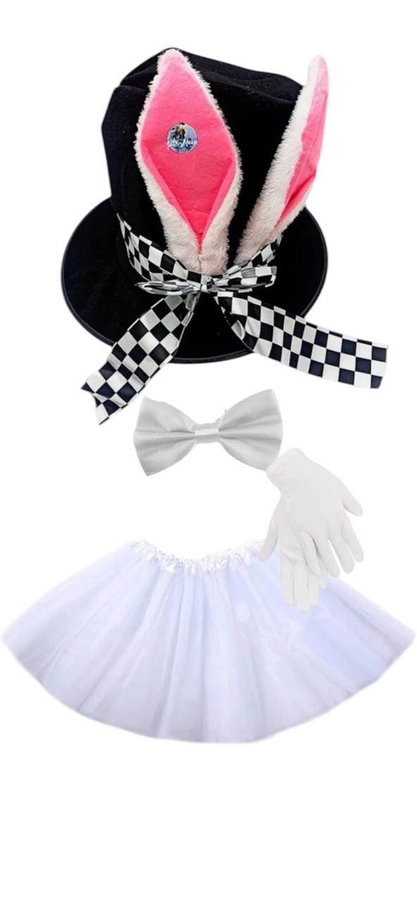 Pack Conejo de Alicia Sombrero, Corbatin, Tutu y Guantes