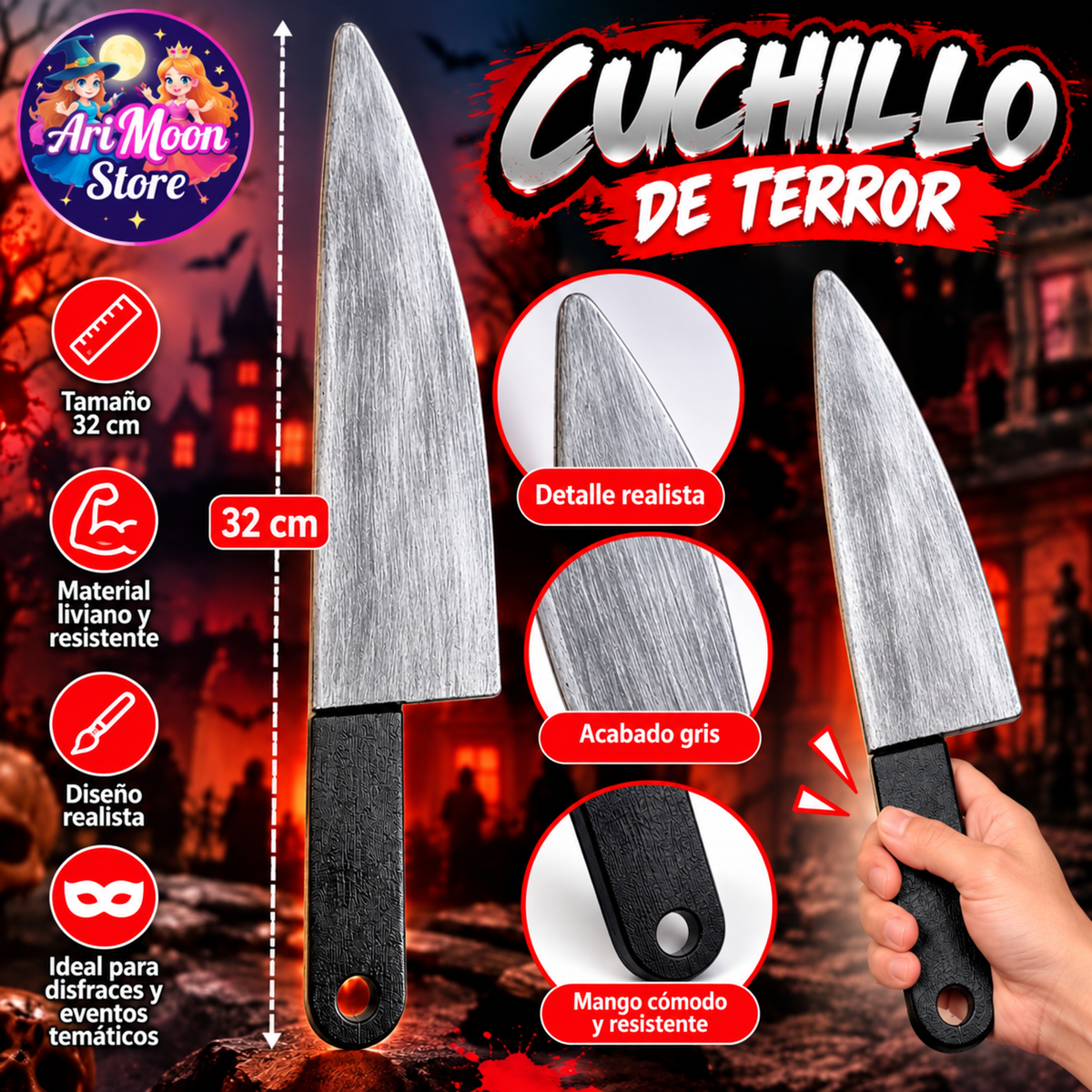 Cuchillo de terror 32 cm gris