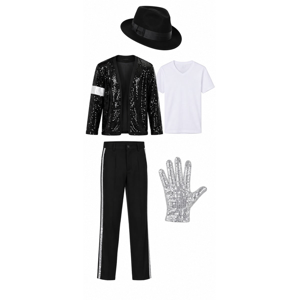 Disfraz Michael Jackson Rey del Pop niño: chaqueta de lentejuelas, pantalón, polera, guante y sombrero