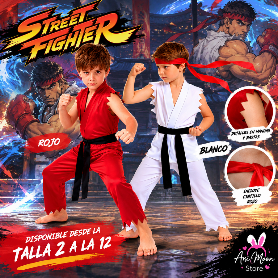 Disfraz Street Fighter rojo y blanco tallas 2 a 12