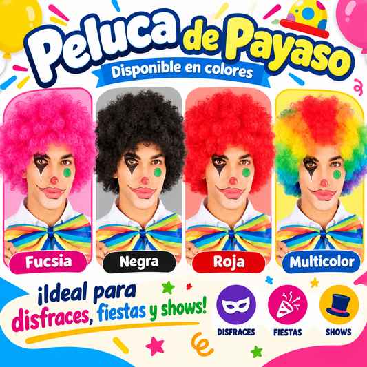 Peluca de payaso colores fucsia, negra, roja, multicolor