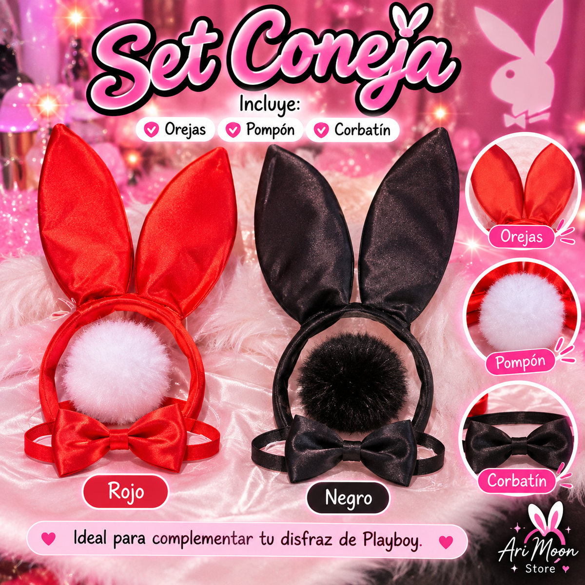 Set coneja orejas pompón y corbatín rojo y negro