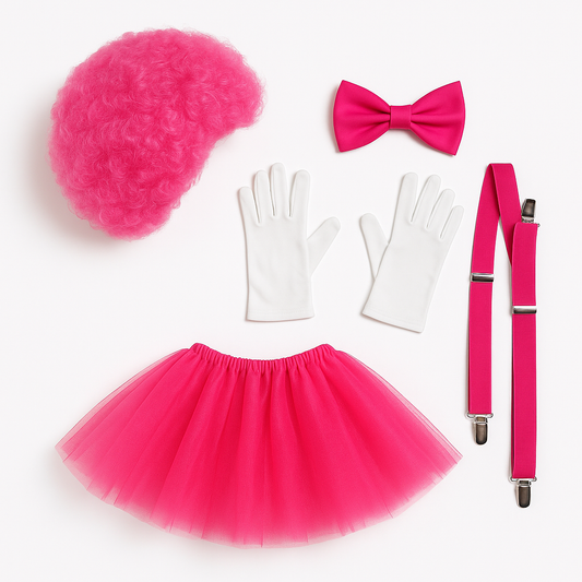 Set de payasa de 5 piezas: peluca, tutú, suspensores, humita y guantes