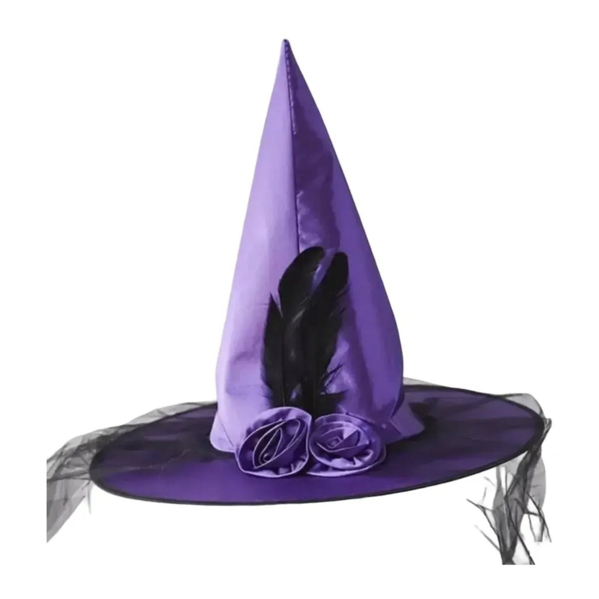Sombrero de bruja morado con velo, plumas y rosas